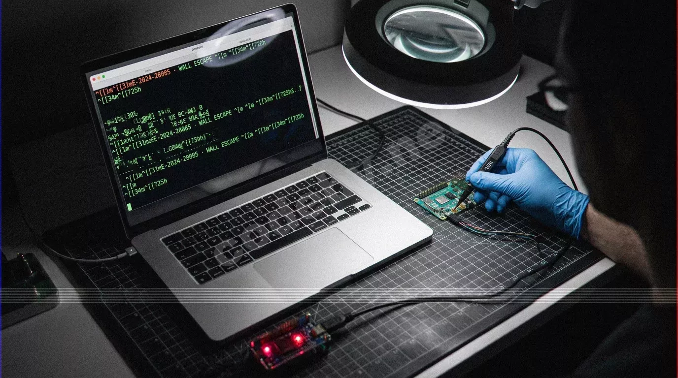Тёмный стол с ноутбуком в свете лампы: терминал tmux показывает искажённый вывод с escape-последовательностями и надписью CVE-2024-28085. Рядом рука в синей перчатке касается щупом плат одноплатног...