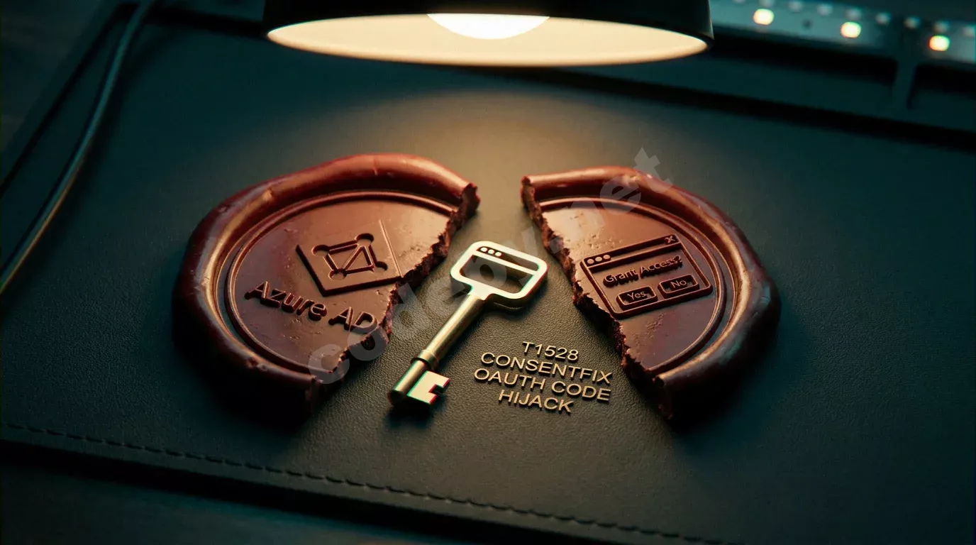 Разорванная восковая печать с символом Azure AD и диалогом OAuth лежит на тёмном коврике. Между половинками — латунный ключ, подсвеченный настольной лампой.