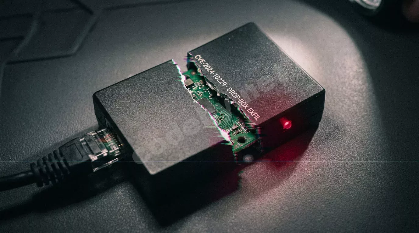 Расколотое надвое устройство скрытого сетевого импланта с разъёмом RJ45 на тёмном антистатическом коврике, внутренняя плата с гравировкой обнажена в месте разлома, мигает тёмно-красный светодиод по...