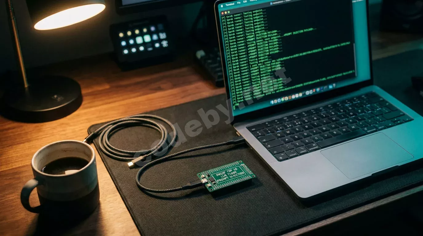 Тёмный антистатический коврик с платой, подключённой к ноутбуку по USB-C; на экране терминал с тестом промпт-инъекций против LLM, зелёные строки payload на тёмном фоне.