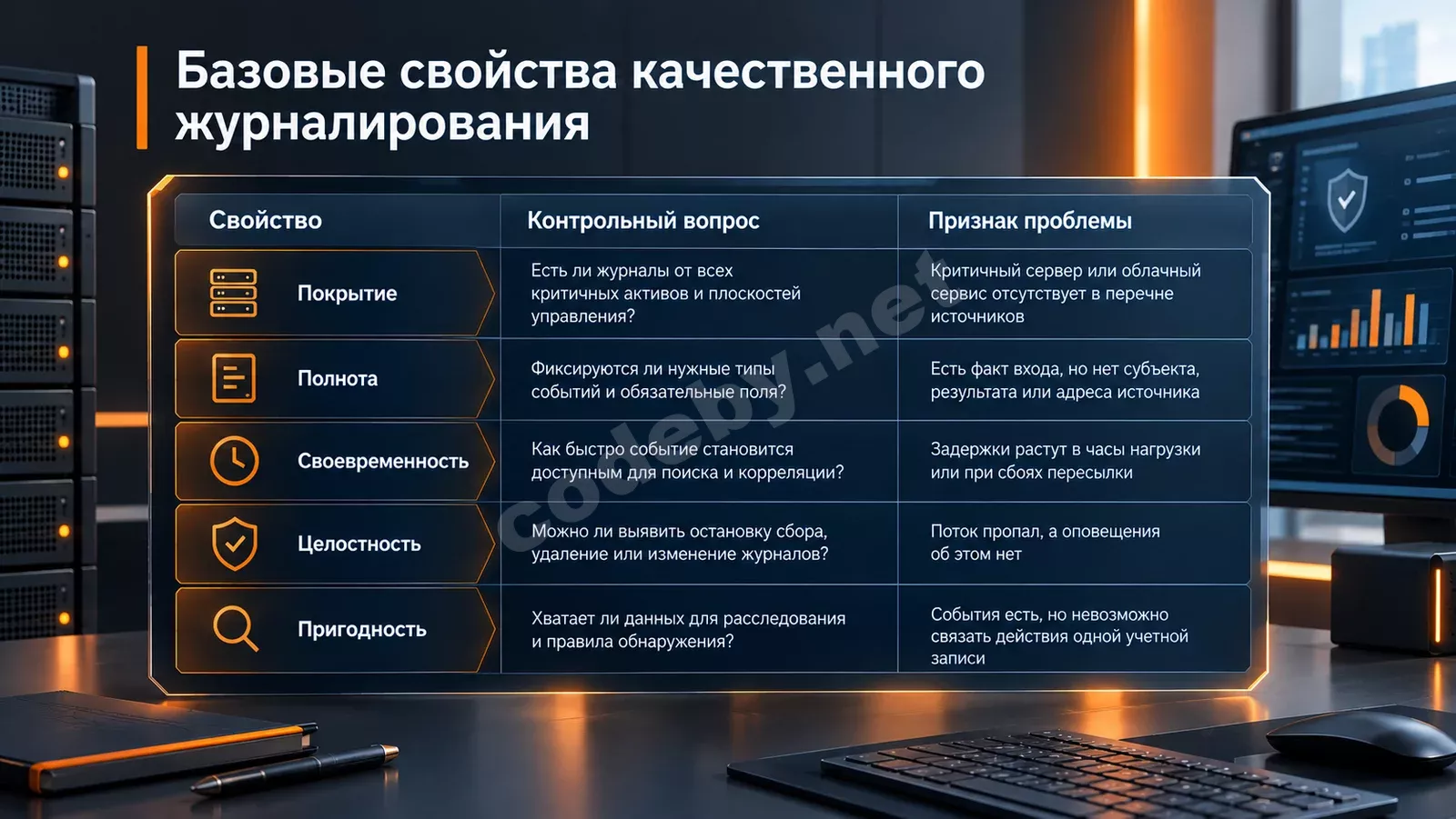 Инфографика «Базовые свойства качественного журналирования» на фоне серверной стойки и мониторов