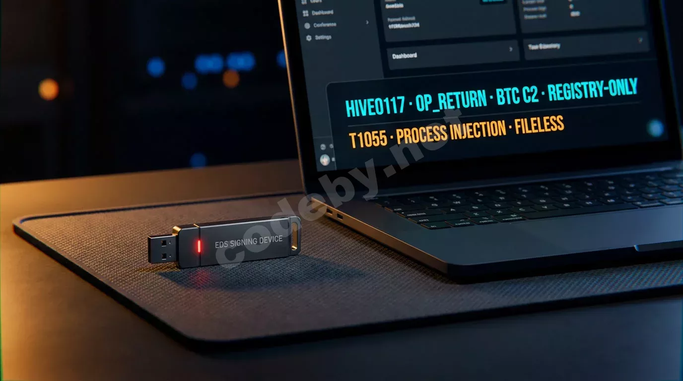 USB-токен электронной подписи с красным индикатором лежит на антистатическом коврике рядом с ноутбуком, экран которого показывает панель управления с надписями об инъекции процессов и командном кан...