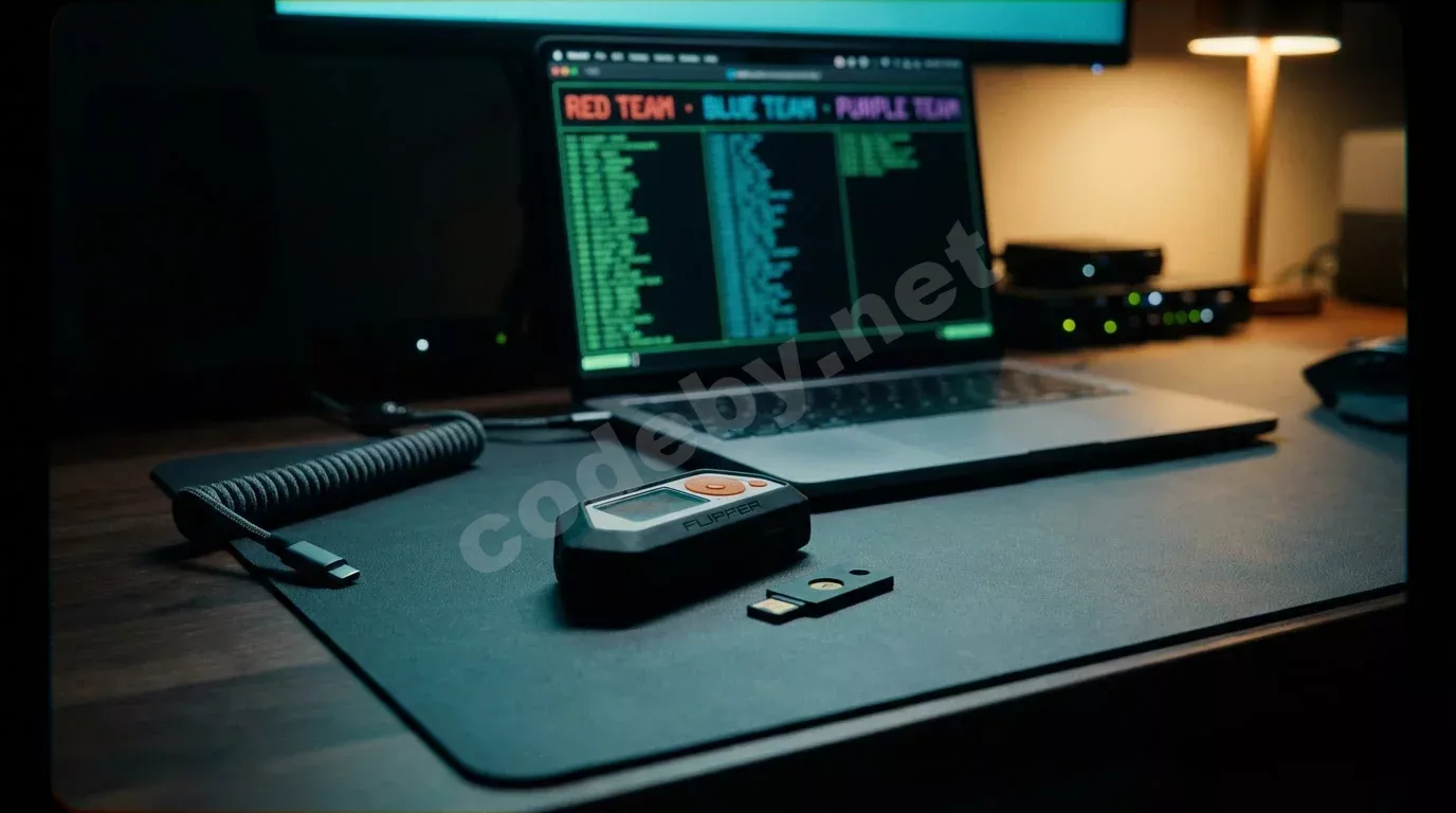 Флиппер Зеро и ЮбиКей на тёмном антистатическом коврике. Позади светится экран ноутбука с терминалом, тил-голубой свет рассеивается в глубоких тенях.