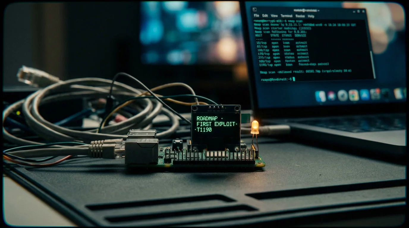 Одноплатный компьютер Raspberry Pi на тёмном антистатическом коврике с зелёным текстом на OLED-экране и янтарным светодиодом. Рядом ноутбук с терминалом Kali Linux в бирюзовом свечении.