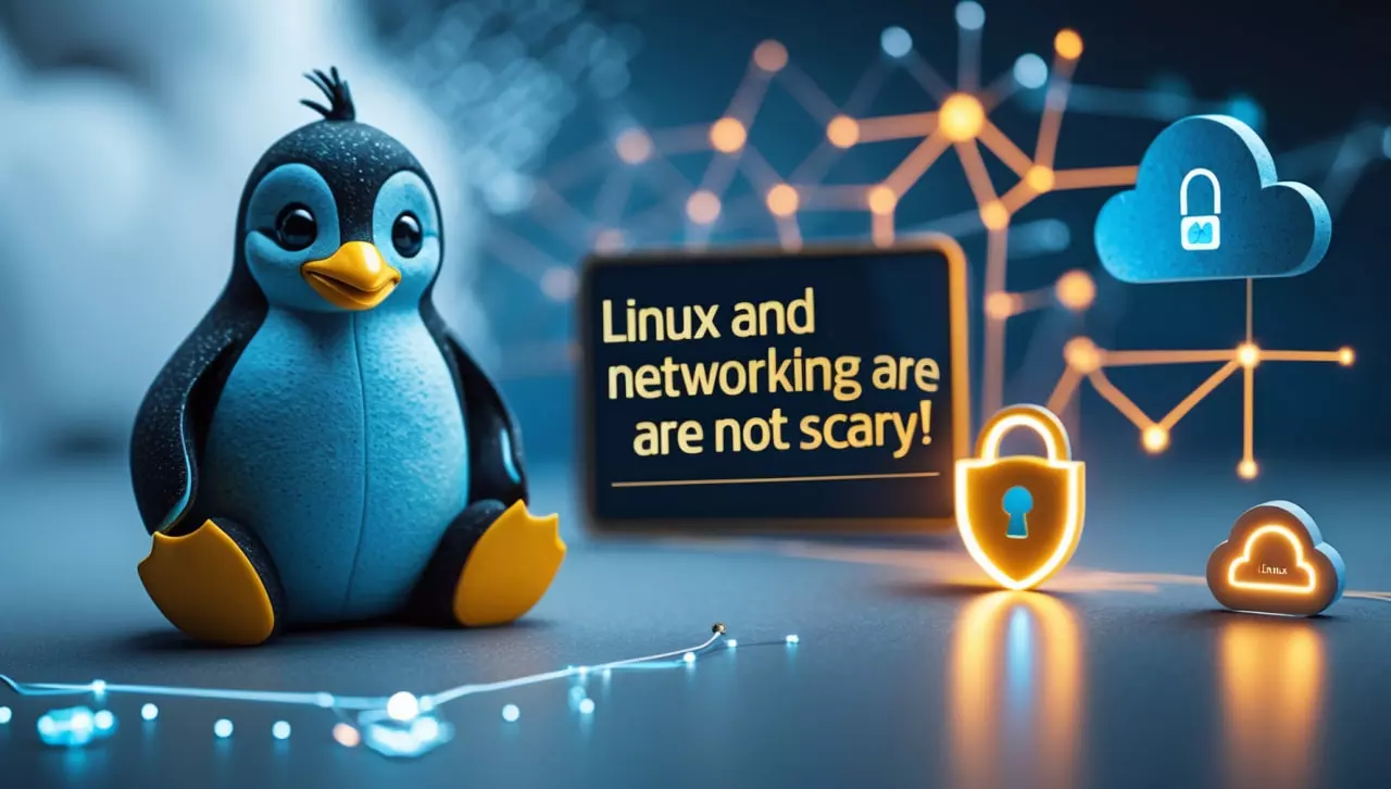Пингвин Tux (логотип Linux), окружённый дружелюбными символами сетей (Wi-Fi, Ethernet, облако) и значком безопасности (замок или щит). Мягкие, позитивные цвета. Надпись: «Linux и сети – это не страшно!»