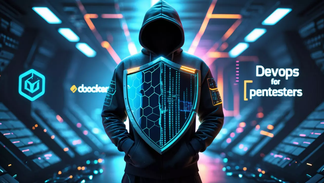 DevSecOps и пентестинг - киберпанк-иллюстрация интеграции Docker, Kubernetes в информационную безопасность