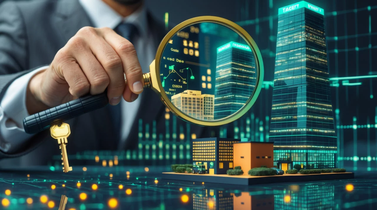 Инфографика, иллюстрирующая методы корпоративного OSINT: лупа находит уязвимости в IT-инфраструктуре компании через анализ подрядчиков.