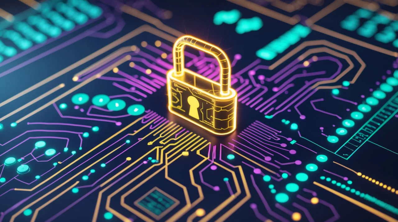 Концепт-арт на тему reverse engineering с нуля: неоновая схема с замком и ключом из кода, символизирующая анализ программ.