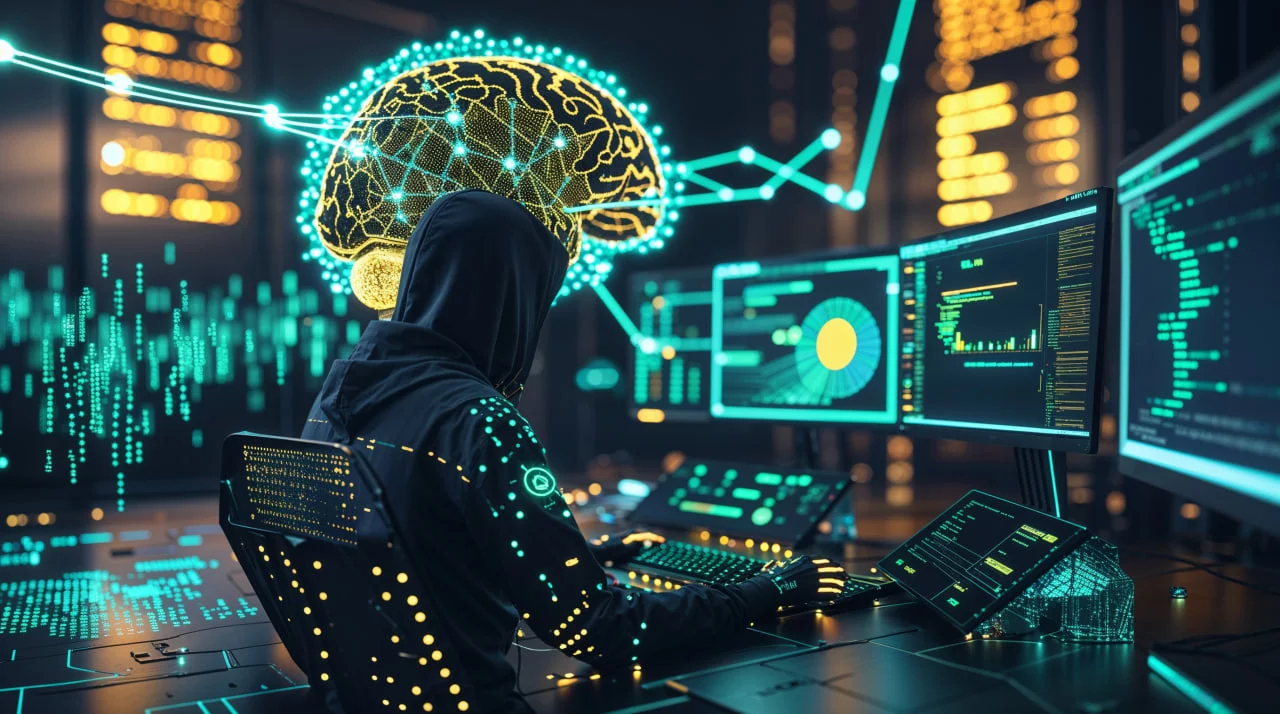 Киберпанк визуализация OSINT разведки с AI-анализом данных и голографическими интерфейсами