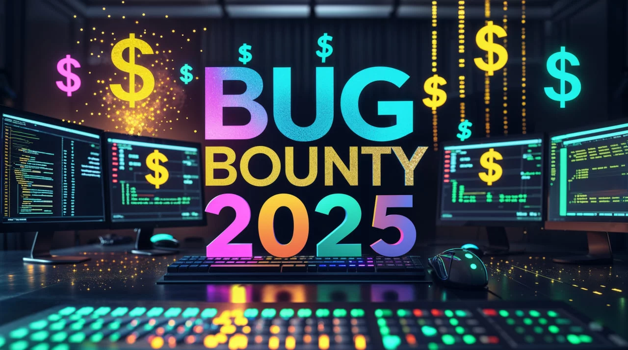 Визуализация Bug Bounty атаки на цифровую систему с неоновыми потоками данных и голографическими щитами безопасности
