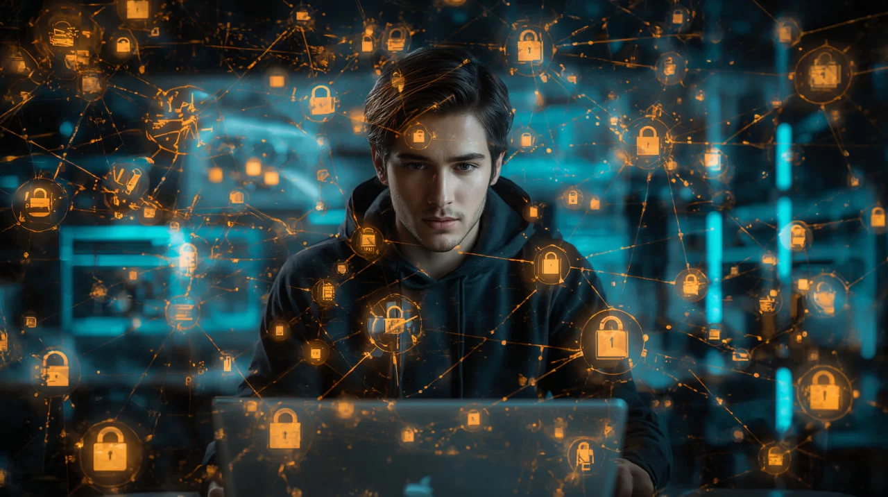 Network Security Engineer в худи работает с картой сети и файрволами в современном офисе