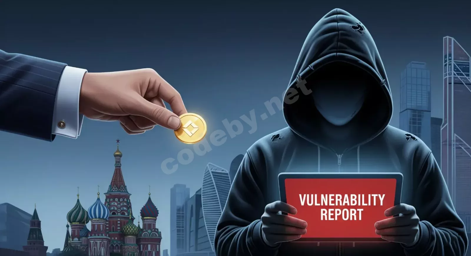 Рука в деловом костюме протягивает золотую монету исследователю в капюшоне с планшетом «VULNERABILITY REPORT» на фоне Кремля, храма Василия Блаженного и небоскрёбов Москва-Сити.