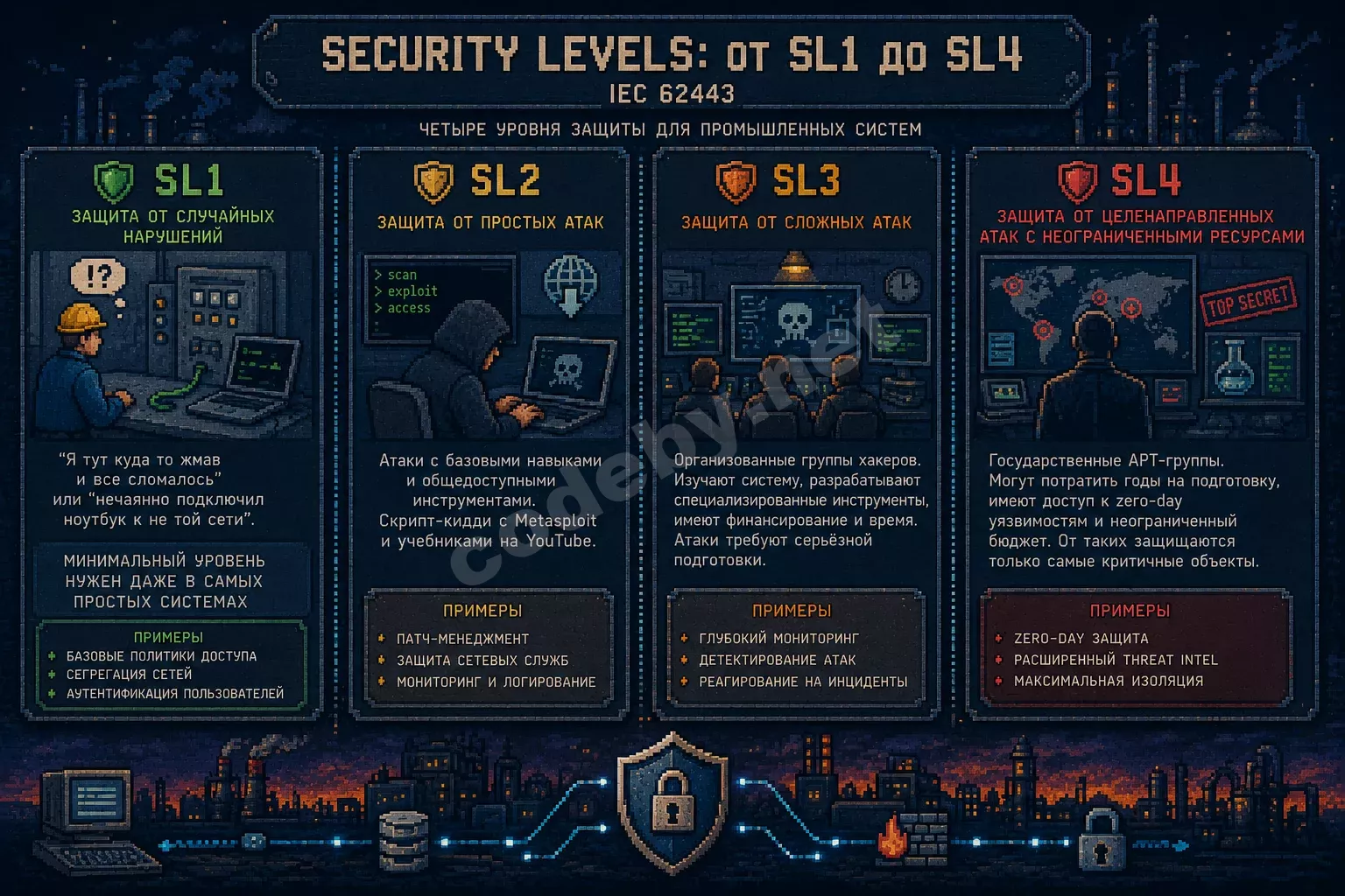 Инфографика четырёх уровней безопасности SL1–SL4: от случайных нарушений до APT-групп с неограниченными ресурсами