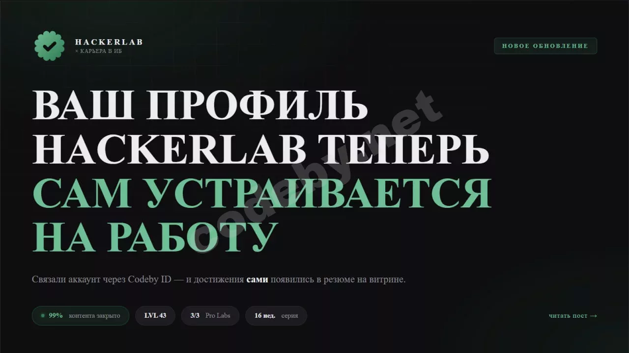 Баннер: ваш профиль HackerLab теперь сам устраивается на работу — бейджи 99% контента закрыто, LVL 43, 3/3 Pro Labs, связь через Codeby ID