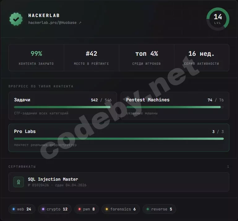 Скриншот карточки HackerLab в резюме: уровень 14, 99% контента закрыто, место №42 в рейтинге, прогресс 542/546 задач, 74/76 машин, 3/3 Pro Labs и сертификат