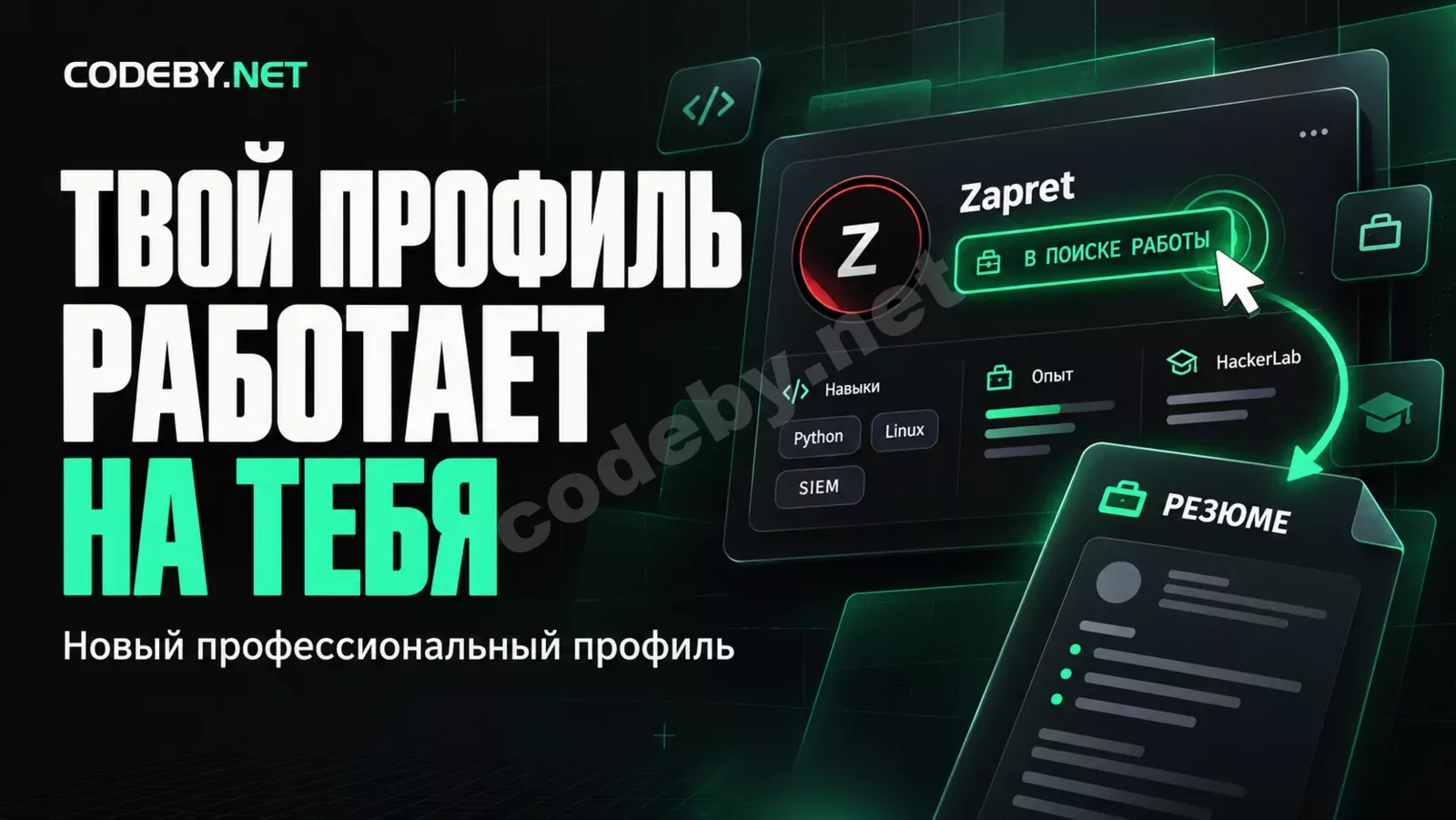 Иллюстрация нового профиля Codeby: навыки, опыт и переход к резюме по бейджу «В поиске работы»