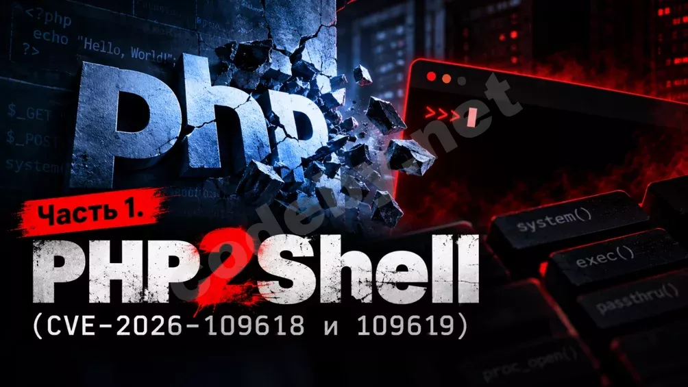 Обложка статьи PHP2Shell: логотип PHP, терминал и предупреждение об уязвимостях CVE-2026-109618 и CVE-2026-109619