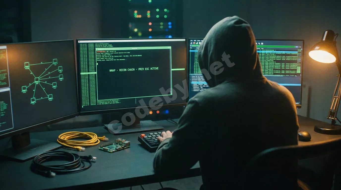 Исследователь безопасности со спины за тёмным столом с тремя мониторами в полутёмной комнате. Экраны светятся зелёным терминалом, захватом пакетов и топологией сети.