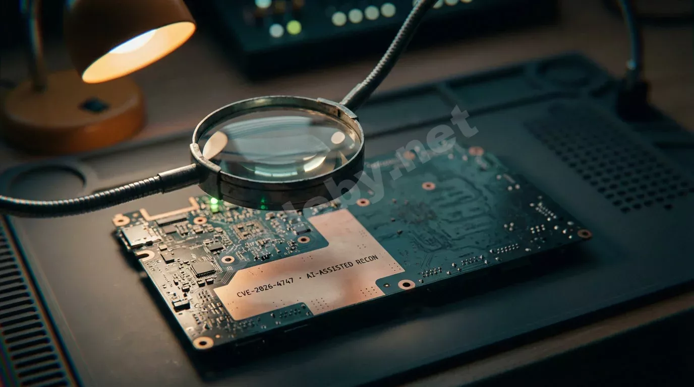 Лупа над разобранной платой на тёмном антистатическом коврике. Одна половина платы резко освещена янтарным светом, другая растворяется в тени.