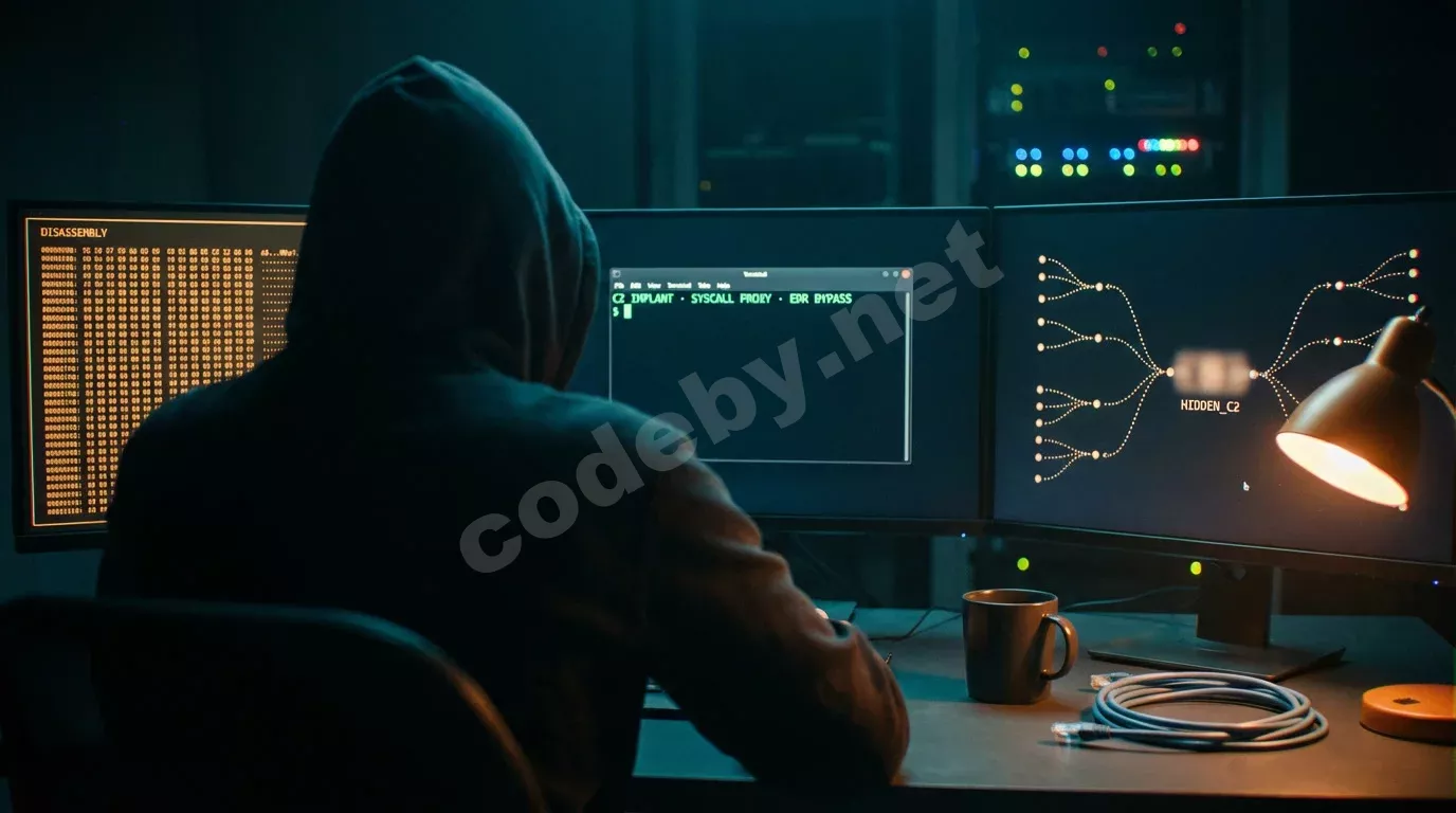 Исследователь безопасности со спины за тёмной рабочей станцией с тремя мониторами. Экраны светятся зелёным кодом терминала и янтарным дизассемблером в сине-угольной темноте.
