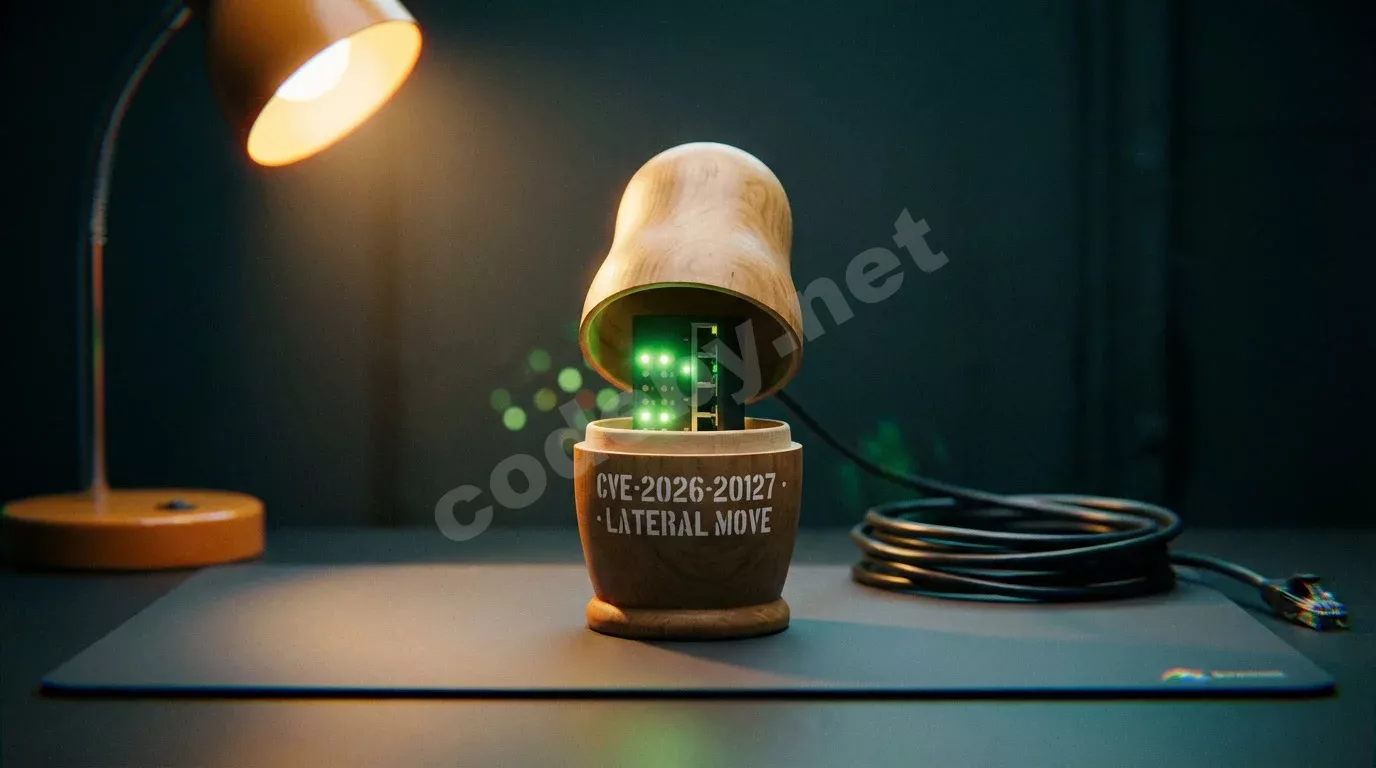 Матрёшка на тёмном антистатическом коврике: внешняя оболочка приоткрыта, внутри светится миниатюрный сетевой коммутатор с зелёными светодиодами. Тёплый янтарный свет лампы, глубокие сине-серые тени.