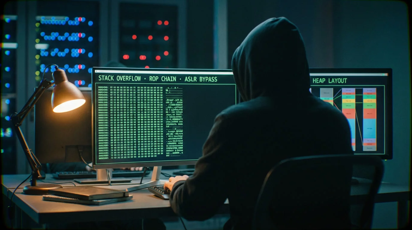 Исследователь за тёмной рабочей станцией с двумя мониторами: на экранах — дизассемблер GDB, дамп памяти и схема кучи. Синевато-зелёное свечение мониторов в полутёмной комнате.