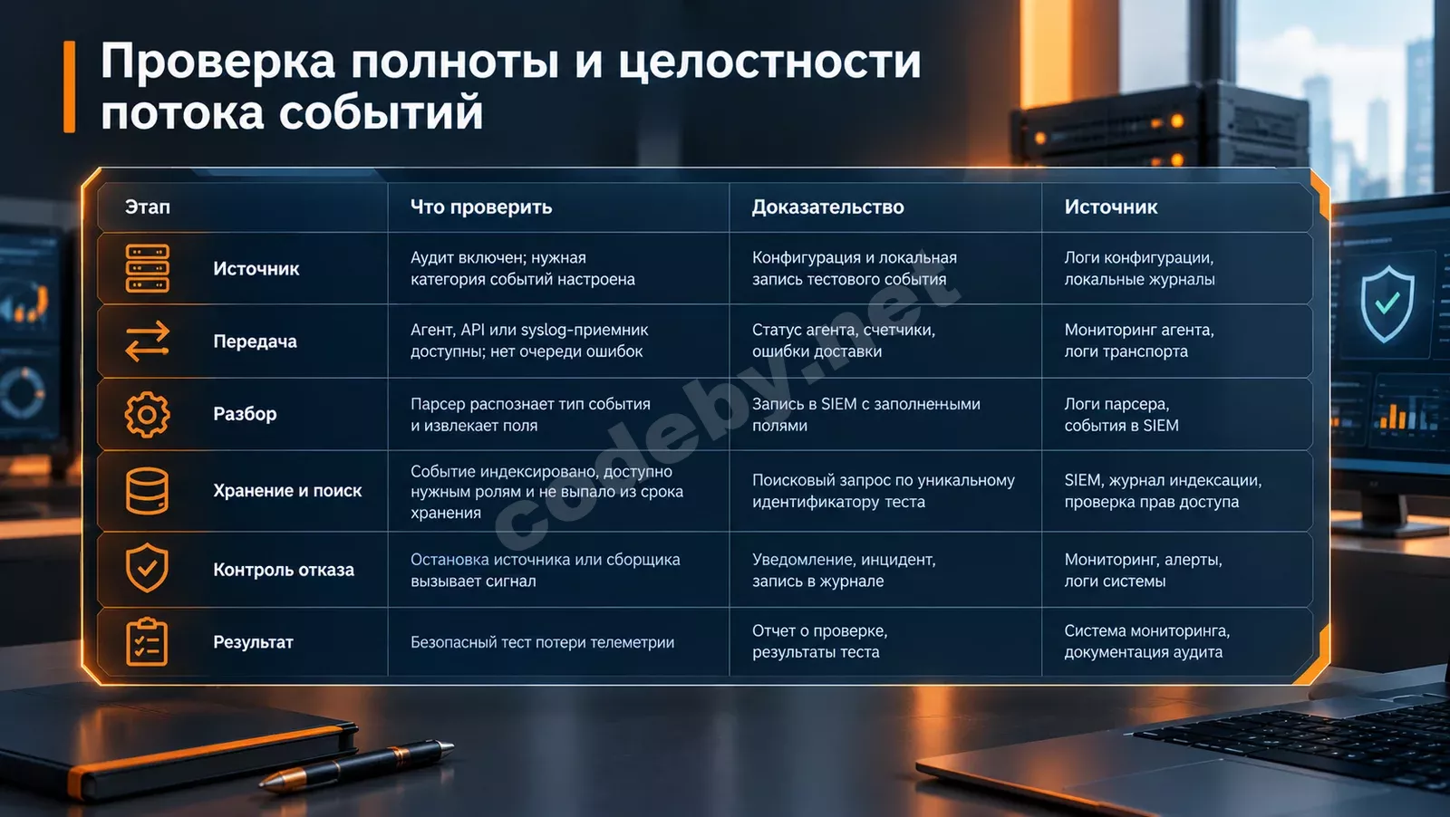 Инфографика «Проверка полноты и целостности потока событий» на фоне серверов и ноутбука