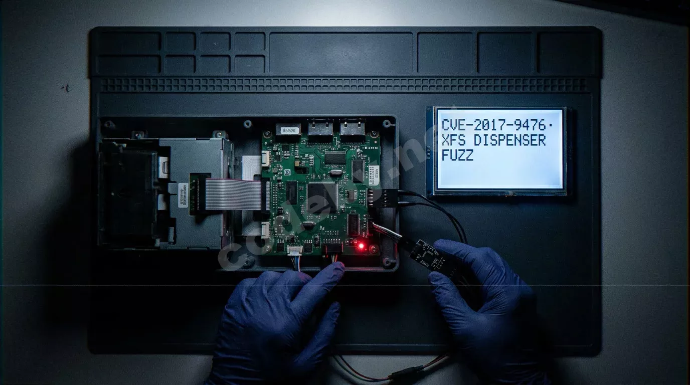 Вскрытый корпус банкомата на антистатическом мате: JTAG-зонд подключён к отладочному разъёму платы XFS, диагностический экран светится в темноте, руки в перчатках держат UART-адаптер.