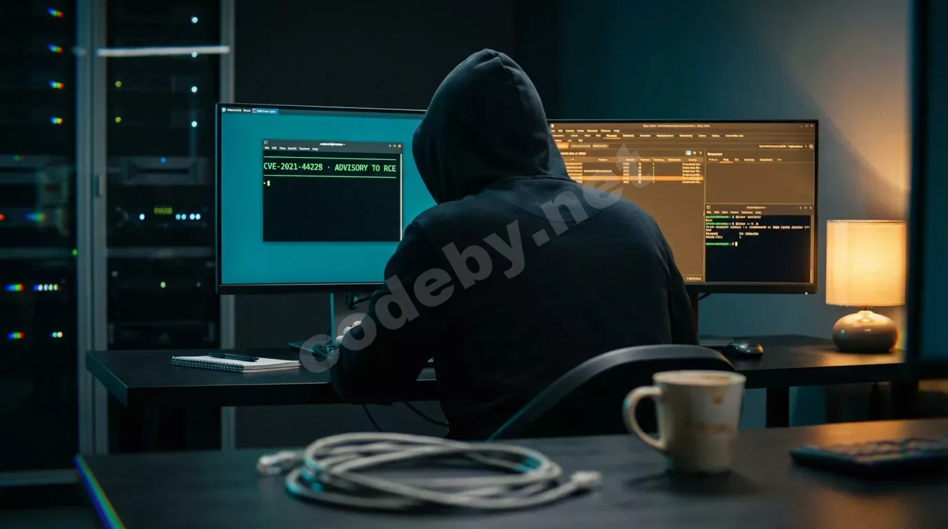 Исследователь безопасности сидит спиной к зрителю перед двумя мониторами в тёмной комнате. Экраны с терминалом и Burp Suite отбрасывают сине-зелёный свет на капюшон.