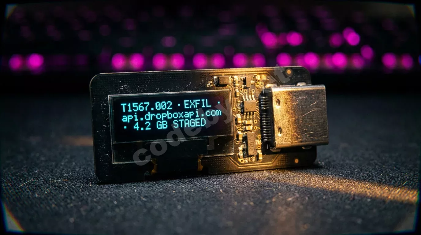 Макросъёмка тёмного USB-имплантата на антистатическом коврике: миниатюрный OLED-дисплей светится голубым текстом о выгрузке 4.2 ГБ данных в облако, янтарная подсветка выхватывает пайку и микросхемы.