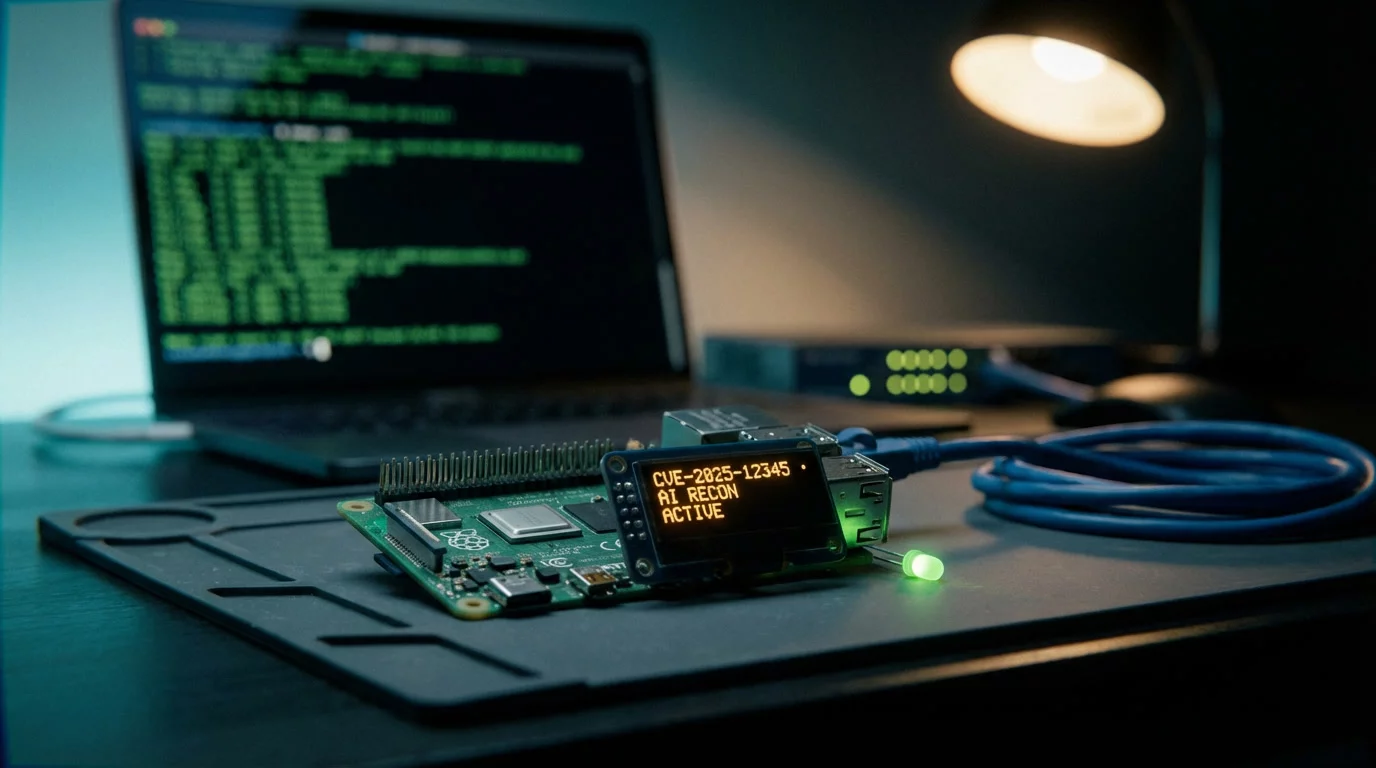 Raspberry Pi с OLED-экраном на тёмном антистатическом коврике, рядом светится зелёный светодиод. На фоне — размытый ноутбук с терминалом в тёплом янтарном свете.