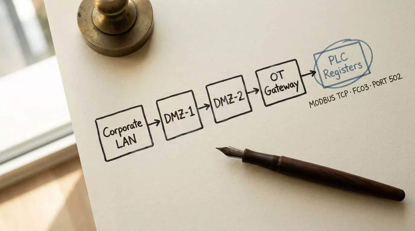 Схема kill chain АСУ ТП на плотной бумаге с пятью фазами атаки, нарисованными чёрным маркером. Латунное пресс-папье и перьевая ручка в мягком дневном свете.