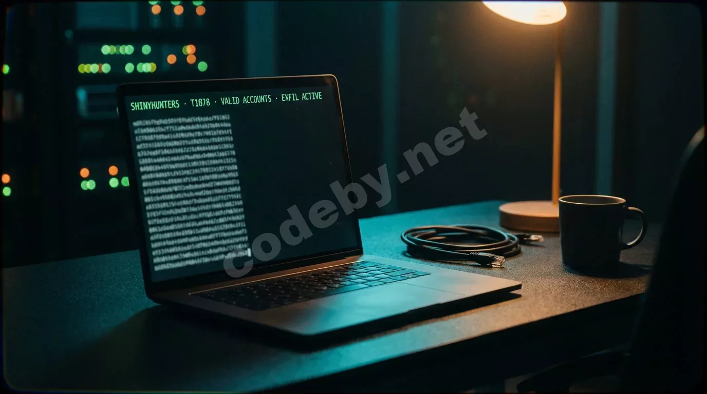 Полуоткрытый ноутбук на тёмном столе с зелёным текстом в терминале. Рядом свёрнутый кабель и кружка в холодном сине-зелёном свете экрана.