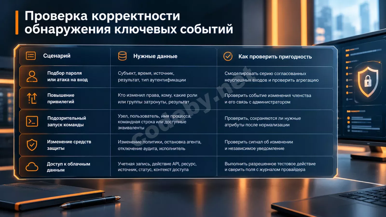 Инфографика «Проверка корректности обнаружения ключевых событий» на фоне рабочего стола с мониторами