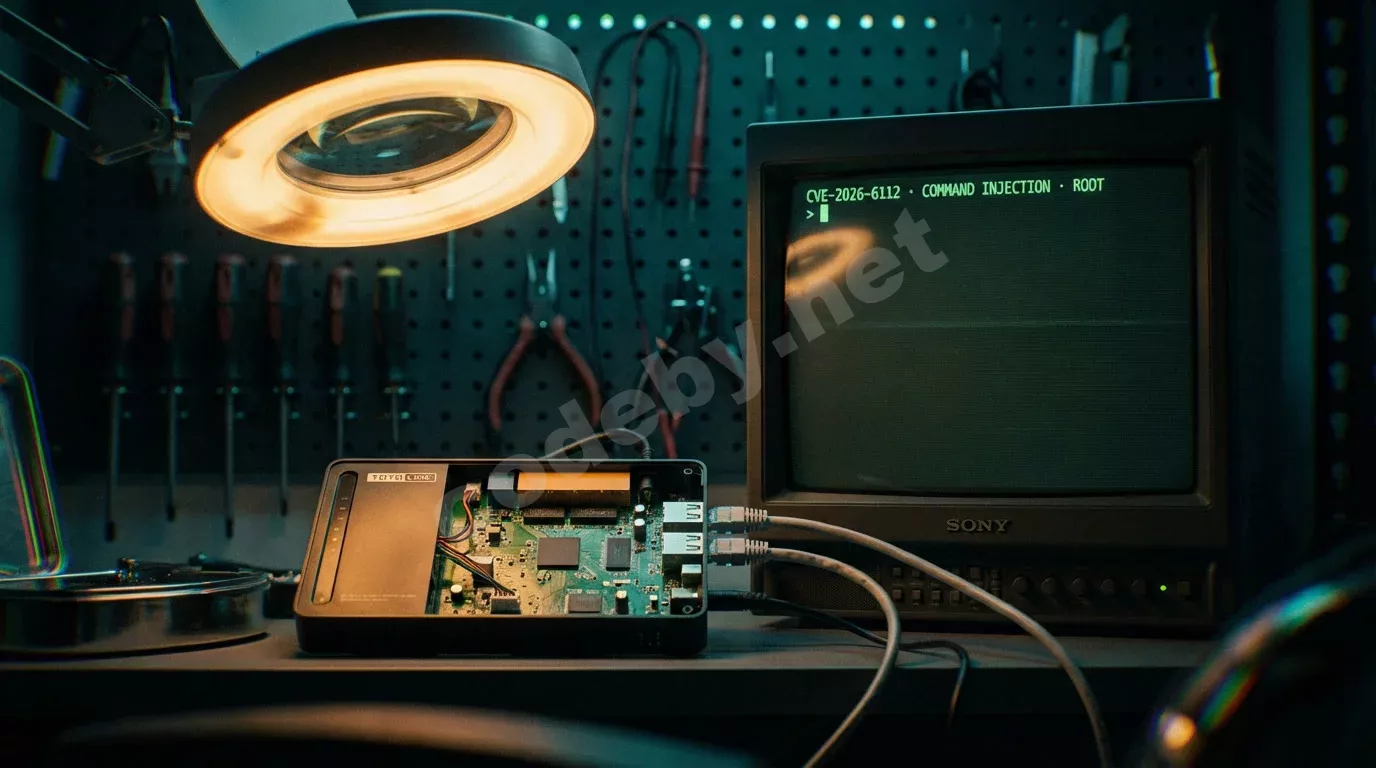 Разобранный роутер Totolink с обнажённой платой под янтарной лампой-лупой. Монитор в полутёмной лаборатории выводит зелёный терминальный текст об уязвимости Command Injection.