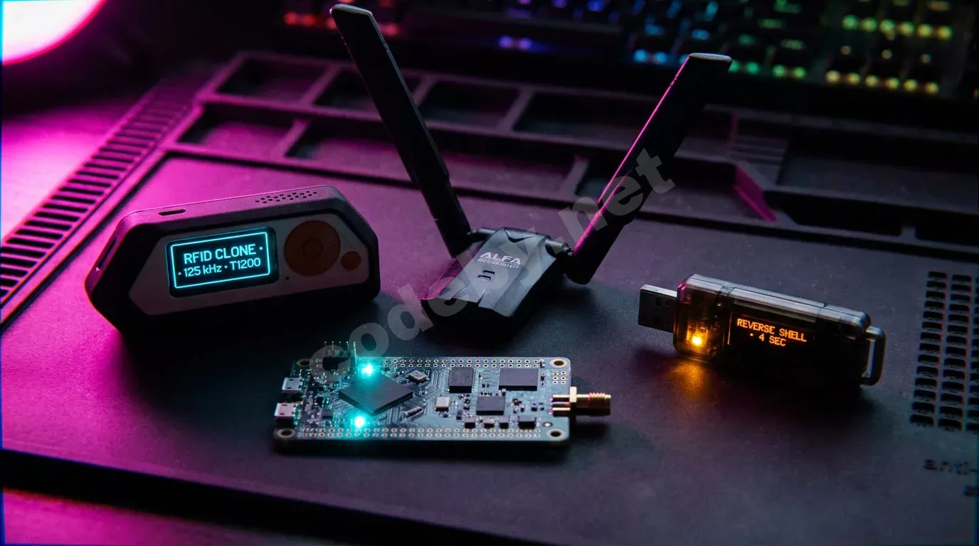 Макросъёмка хакерских устройств на антистатическом коврике: Flipper Zero с экраном клонирования RFID, Wi-Fi-адаптер с двумя антеннами, платы HackRF One и USB Rubber Ducky с янтарной подсветкой в ре...