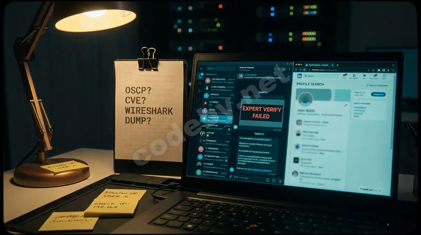 Тёмный стол расследователя: экран ноутбука с чатом Telegram и надписью «EXPERT VERIFY FAILED», рядом чек-лист с вопросами про OSCP и CVE, холодный свет монитора и тёплая лампа.