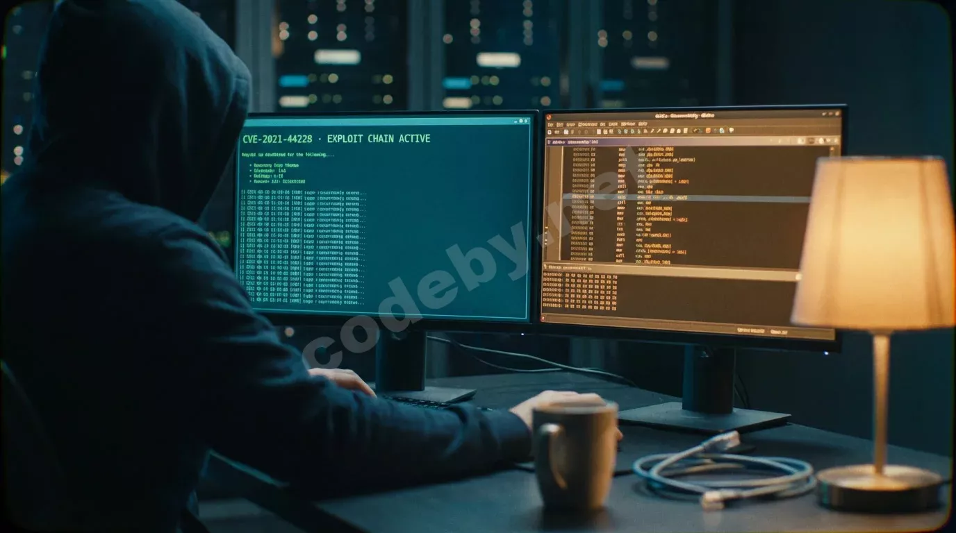 Исследователь безопасности со спины за тёмной рабочей станцией с двумя мониторами. Экраны светятся зелёным терминалом и янтарным дизассемблером, отбрасывая синеватый отсвет на капюшон.