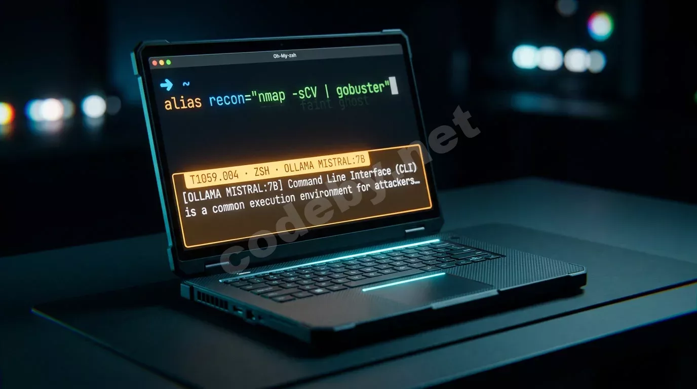 Ноутбук на тёмном столе с подсветкой циан, экран показывает терминал zsh с автодополнением команды recon и панель ответа AI-модели янтарного цвета.