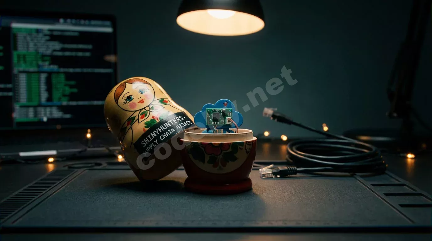 Матрёшка на тёмном антистатическом коврике: внешняя оболочка приоткрыта, внутри — фигурка с платой и надписью на корпусе. Позади — ноутбук с зелёным терминалом в боке.