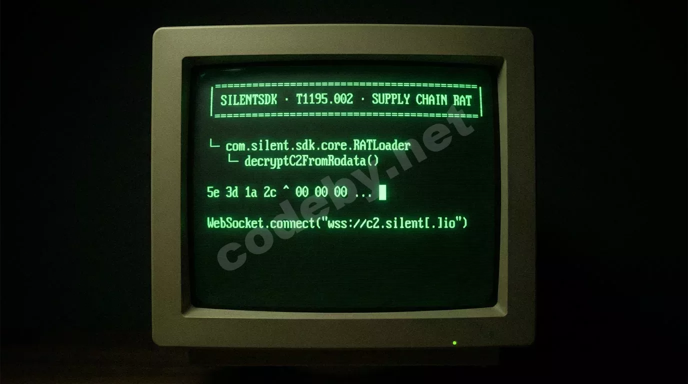 Экран старого CRT-монитора в темноте показывает декомпилированный Java-код с деревом классов и строками перехваченного соединения. Зелёное свечение фосфора, горизонтальные полосы развёртки, глубока...