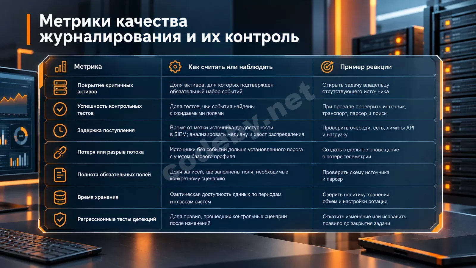 Таблица «Метрики качества журналирования и их контроль»: метрика, способ контроля и пример реакции