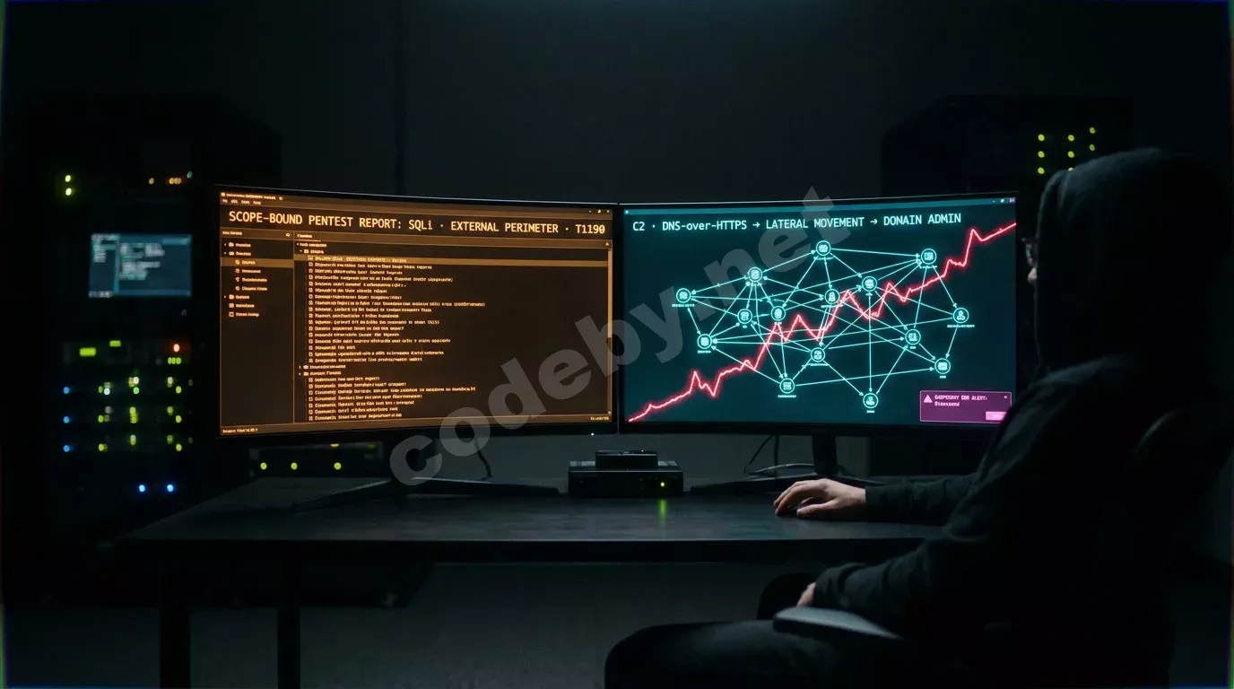 Тёмный кабинет red team: два изогнутых монитора светятся в темноте — слева отчёт пентеста с меткой SQLi янтарным шрифтом, справа цианом пульсирует карта атаки до уровня администратора домена.