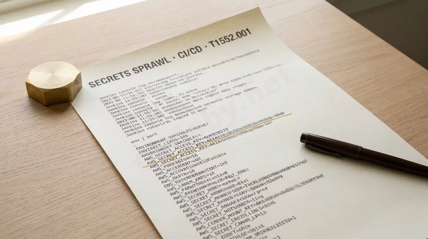 Распечатанный лог консоли Jenkins на кремовой бумаге лежит на светлом дубовом столе, строка с ключом AWS подчёркнута янтровыми чернилами. Рядом латунное пресс-папье и перьевая ручка, мягкий дневной...