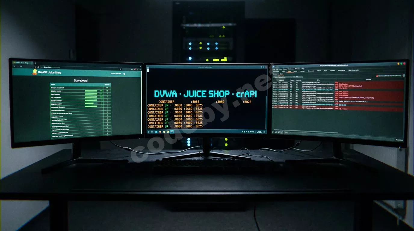 Три изогнутых монитора светятся в тёмной комнате: терминал с docker-compose, панель Juice Shop зелёным и лог Burp Suite с красными пометками SQL-инъекций. На заднем плане в темноте мерцает серверна...