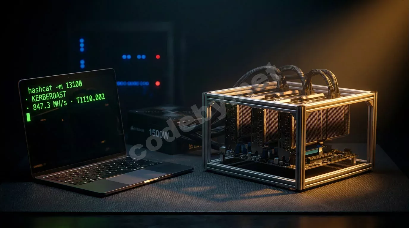 Открытая GPU-риг на алюминиевой майнинг-раме с четырьмя видеокартами на райзерах, мощный блок питания с плетёными кабелями и ноутбук с зелёным терминалом hashcat, освещённые тёплым янтарным светом...