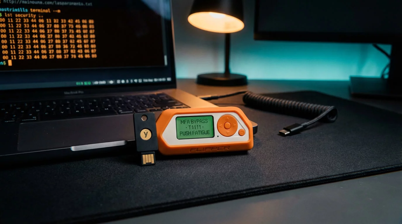 Ключ YubiKey и устройство Flipper Zero на тёмном антистатическом коврике. Экран Flipper светится зелёным текстом, позади — янтарное свечение терминала на ноутбуке.