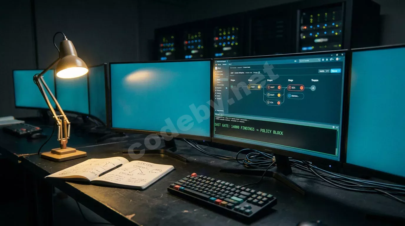 Ночная инженерная станция DevSecOps: три монитора заливают тёмный стол сине-бирюзовым светом, на центральном экране — пайплайн CI/CD с этапами SAST, DAST, SCA и красными индикаторами блокировки. Ря...