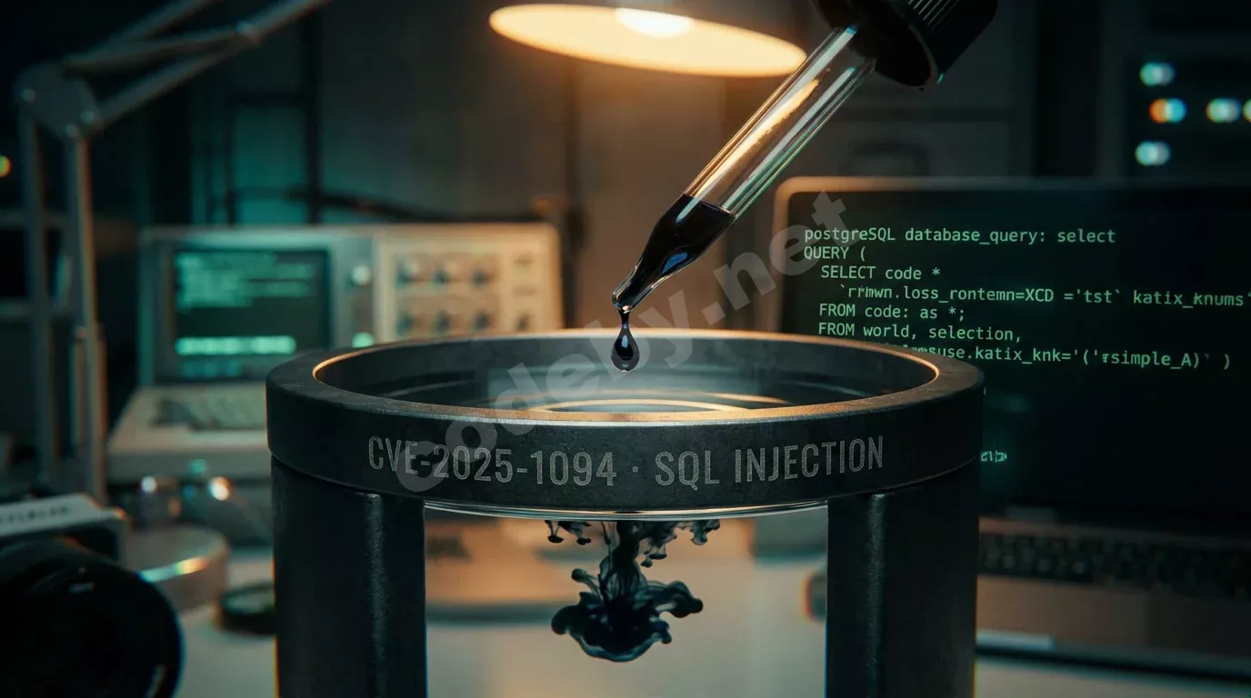 Стеклянная пипетка над тёмным сосудом, капля чернил падает в прозрачную жидкость в янтарном свете. На ободке сосуда выгравировано «SQL INJECTION», позади светится экран с зелёным кодом.
