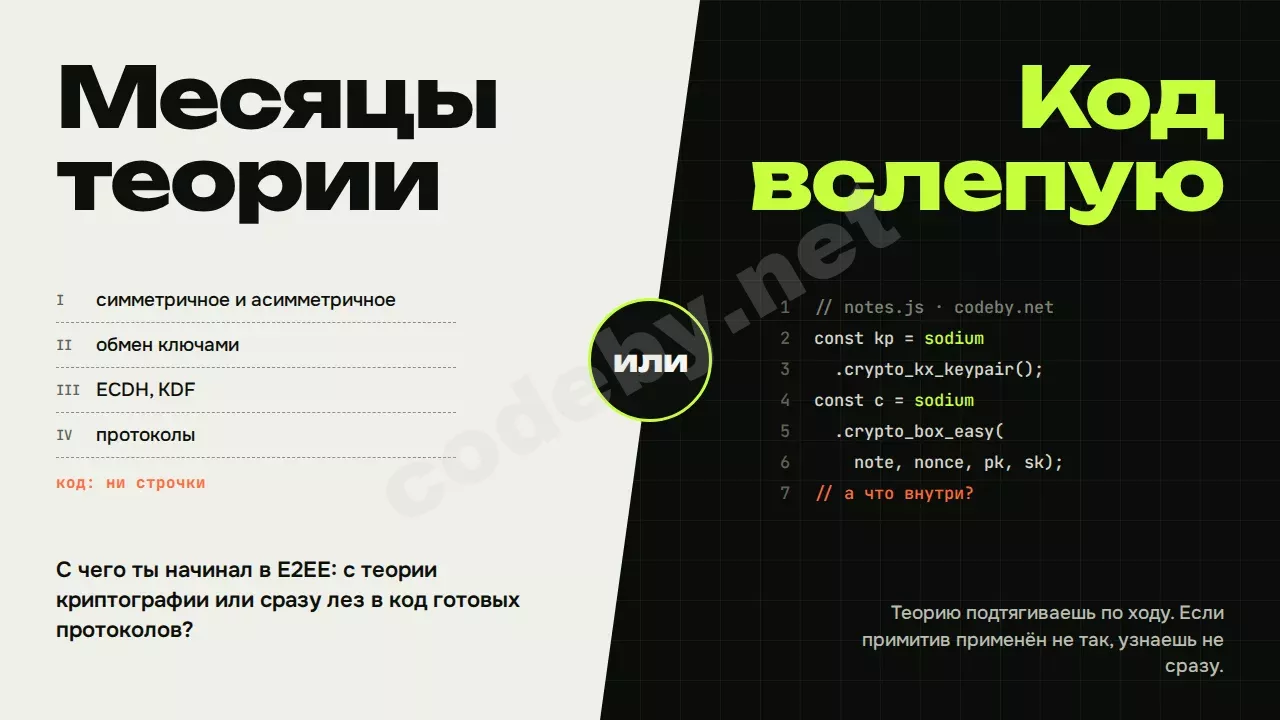 Месяцы теории или код вслепую? С чего ты начинал разбираться в E2EE